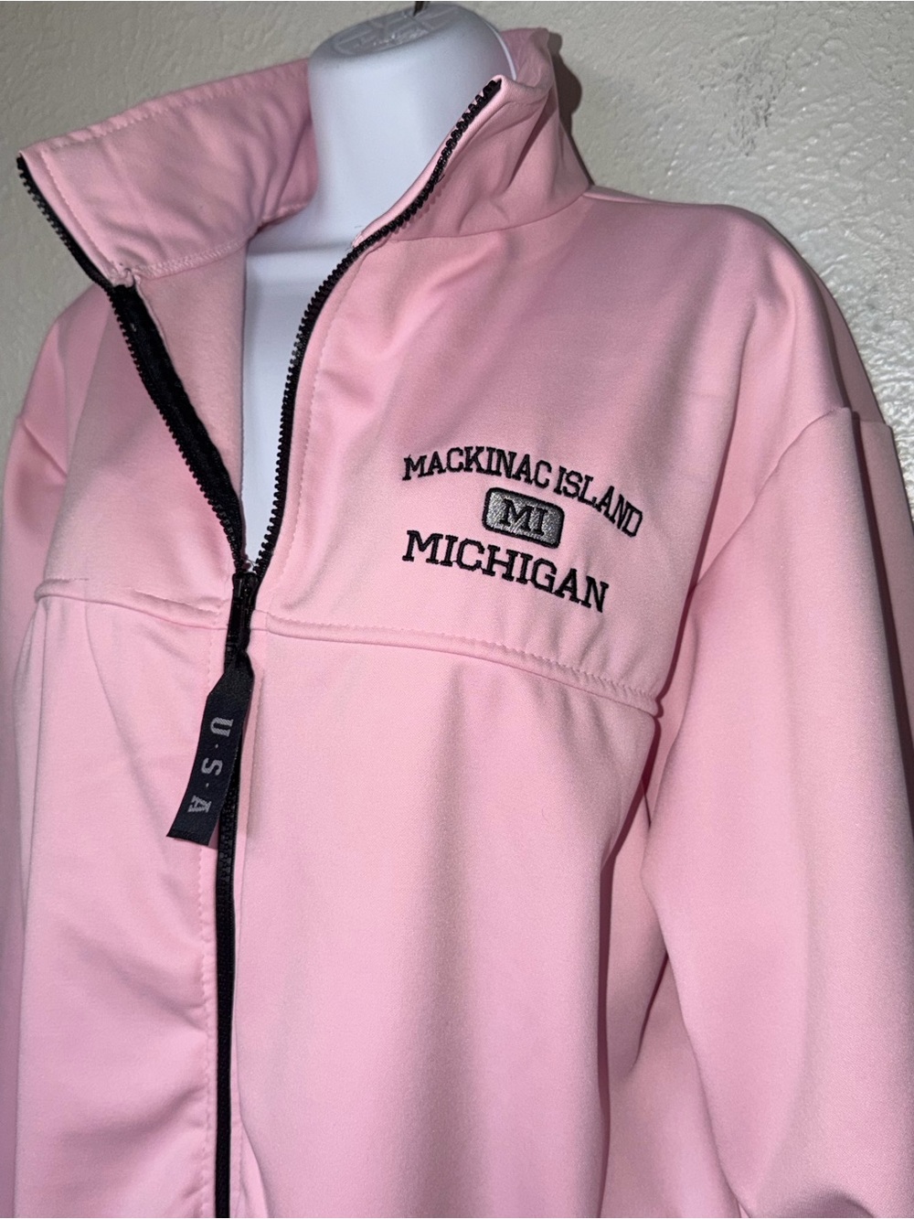 Mackinac Island Souvenir Vacation Tourist Pink Full Zip Fleece Jacket‎ M